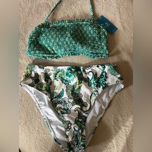 NWT Cupshe Green Cashews Smocked Bandeau & Mid Rise Bikini Swimsuit Size S & M
